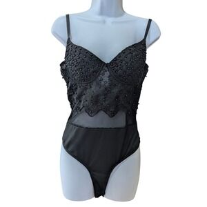 Windsor Black Beaded Floral Embroidered Mesh Bustier Bodysuit  NWT Medium
